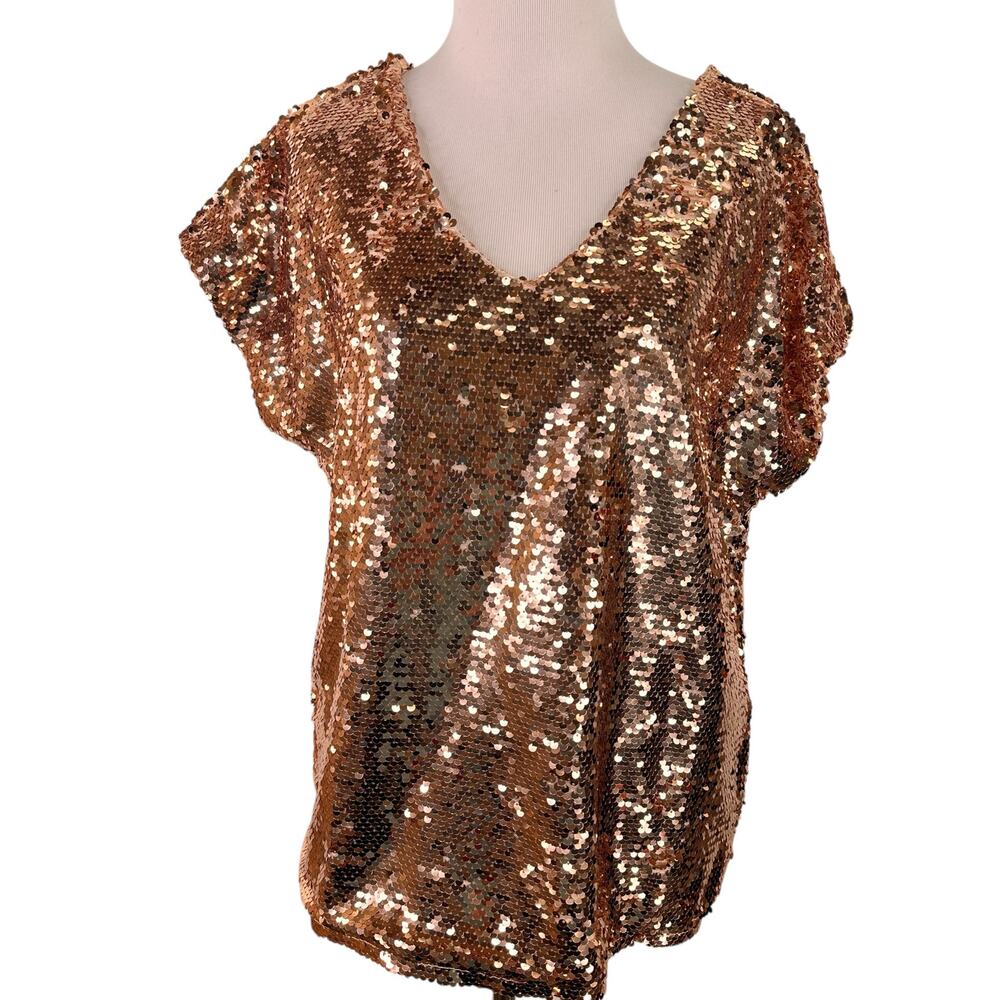Lavish Gold V-Neck Sequin Chain Blouse Size Large